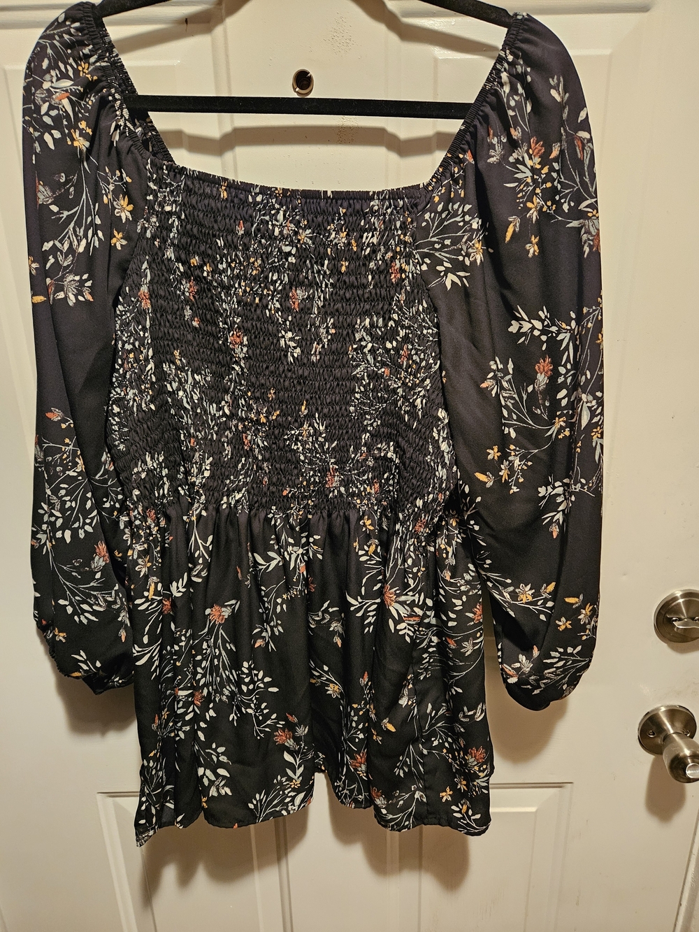 Collection B by Bobeau Black Floral Smocked Top with Orange & White Accents